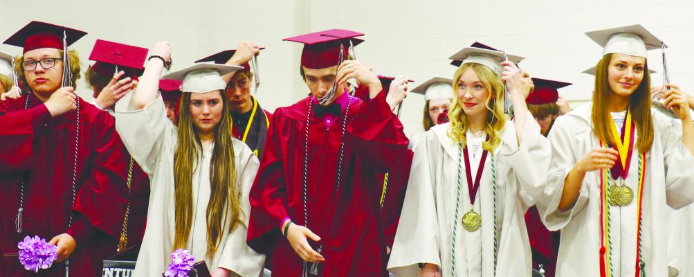 MEMBERS of the Centura High School Class of 2024—including Wyatt Bloodgood, Shandleah Arndt, Cayden Anderson, Breyleigh Smith, and Katie Hadenfeldt—turn their tassels at the conclusion of Saturday afternoon’s commencement exercises. Thirty-three students graduated from the Howard County district last week. Photos by Michael Rother