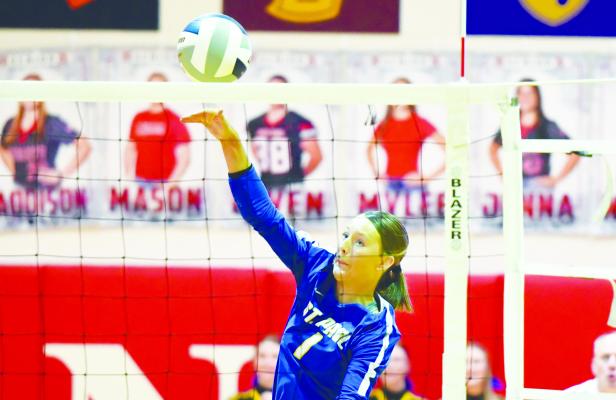 KATIE OAKLEY led St. Paul’s attack during Saturday’s district final matchup against Yutan by registering eight kills for the Wildcats. Oakley was one of two seniors on the Wildcats’ team this year. Photos by Jordan Coslor