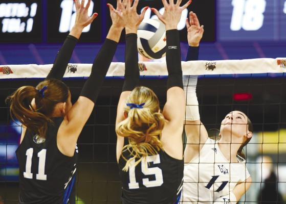 BENTLEIGH DUGAN navigates Shelton’s block during the Cougars’ quarterfinal match against the Bulldogs during the opening round of the NSAA Class D-1 State Volleyball Tournament at Pinnacle Bank Arena on Thursday. Dugan finished the match with twenty-three kills. Photos by Jordan Coslor