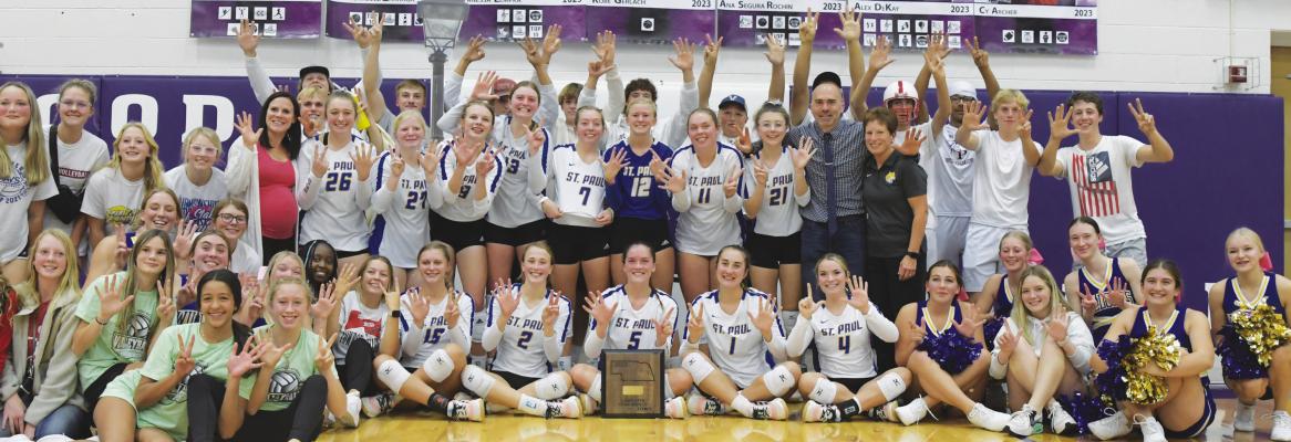 ST. PAUL players, coaches, and students wasted no time celebrating the St. Paul Wildcats’ seventh consecutive LouPlatte Conference title last Thursday night. The Wildcats swept past Class C-2 No. 4 Centura during the tournament’s finale at Wood River Rural High School. St. Paul’s streak of conference championships stretches back to 2016 when the Wildcats swept Kearney Catholic. (Michael Happ)