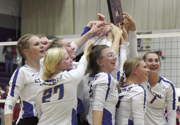 FOR THE SEVENTH STRAIGHT TIME, members of the St. Paul volleyball team had the opportunity to hoist the LouPlatte Conference Tournament championship plaque following last week’s sweep of Centura. The Wildcats’ run of conference title dates back to 2016. (Michael Happ)