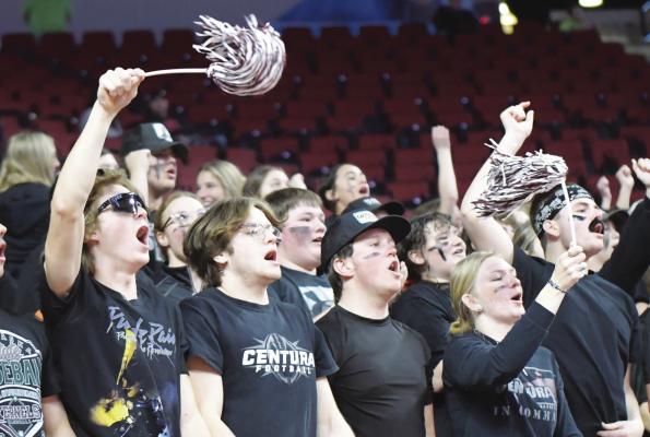 CENTURA STUDENTS Reid Mackey, Bladen Garcia, Owen Grimm, Kendall Knuth, and Dillon Dubbs help cheer on the Centurions during Saturday's Class D-1 championship game. (Michael Happ)