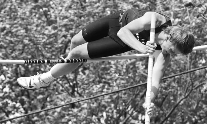 CENTURA’S WYATT DVORAK attempts to clear the bar during last week’s boys’ pole vault at the Class C-6 Meet at Boone Central. Dvorak placed second in that event with a vault of 12-08. Photos by Michael Happ