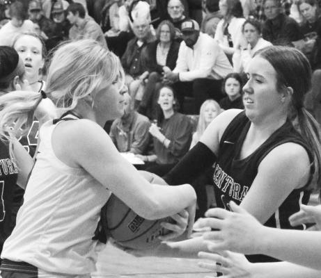 CENTURA’S Kailey Coghlan fights for a rebound during last Friday night’s game between the Centurions and the Ravenna Bluejays. Ravenna ended up topping the Centurions 53-40. (Monte Steele)