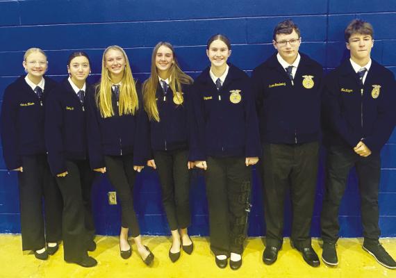 THE ST. PAUL FFA CHAMBER competed in Leadership Development Events at the Leadership Center in Aurora in December. Above, members of the state qualifying Conduct of Chapter Meetings Team included Johannah Nilson, Emmy Vech, Kyndel Sack, Ava Petersen, Annie Stepanek, Steven Janulewicz, and Max Meyer. Below, members of the state qualifying Parliamentary Procedure Team included Covyn Larsen, Josef Kaslon, Cole Brus, Christian Lemburg, Jack Thede, and Norah Paulsen.