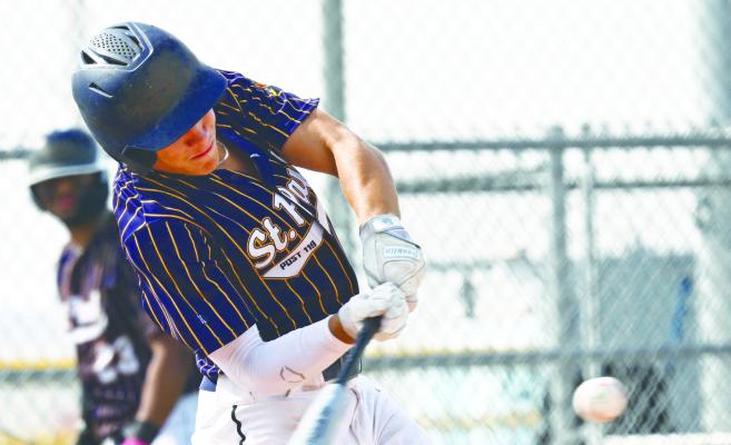 ST. PAUL’S ALEX MEINECKE recorded a hit and an RBI during Post 119’s game against Tecumseh on Sunday afternoon in Sutton. Photo by Michael Happ
