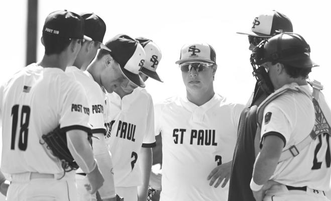 MEMBERS of the St. Paul Post 119 Seniors gathered for a conference on the pitcher’s mound during the locals’ game against York on Sunday afternoon at Grover Cleveland Alexander Field in St. Paul. York topped St. Paul 5-1 in the contest.