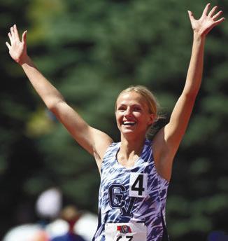 CENTRAL VALLEY’S TAYLOR MCINTYRE celebrates after reaching the finish line of the 100-meter dash finals on Saturday at the NSAA Class D State Track and Field Championship. McIntyre won the 100- and 200-meter events and placed second in the long jump and fourth in the triple jump. Photo by Michael Happ