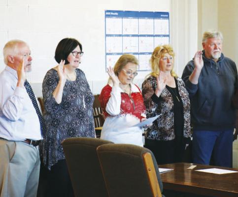 HOWARD COUNTY officials – including County Assessor Neal Dethlefs, County Clerk Brenda Klanecky, Deputy Clerk Marla Mason, Howard County Commissioner Kathy Hirschman, and County Surveyor Tim Aitken – were sworn in last week. (Michael Rother)