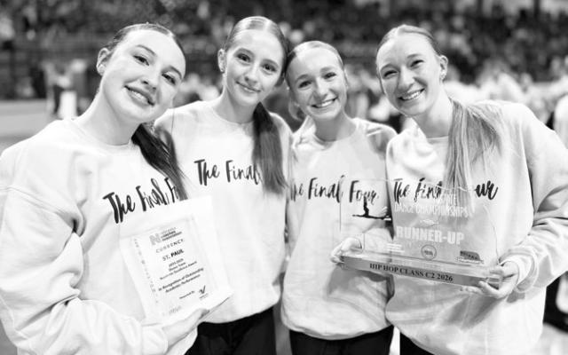 THE ST. PAUL HIGH SCHOOL DANCE TEAM brought home accolades from the Nebraska Coaches Association State Cheer and Dance Championships in Grand Island in February. The team was the runner-up in Class C2 Hip Hop at the competition. Additionally, members received the Dance Team Academic Excellence Award. Members of this year’s team include Addilyn Platek, Adalynn Wells, Jillian Wells, and Anistyn Knapp. Courtesy Photo