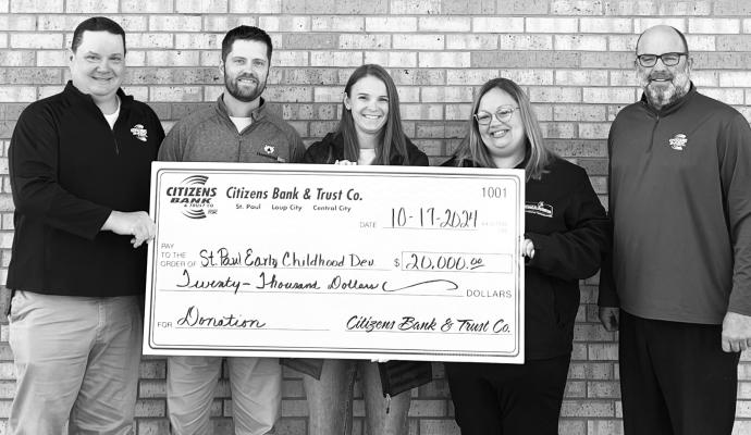 CITIZENS BANK & TRUST CO. in St. Paul recently made a donation to the St. Paul Early Childhood Foundation. Pictured during the check presentation at the bank last week are Michael Rosander, Jordan Meyer, Dream Solko, Nekita Powell, and Jeffrey Varney. Courtesy Photo
