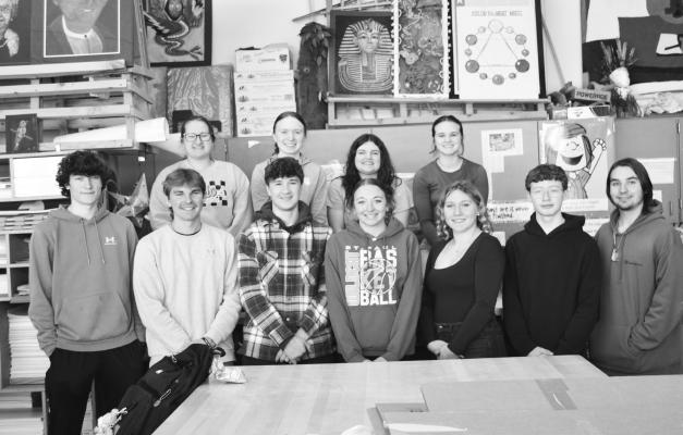 ST. PAUL HIGH SCHOOL students who have had artwork selected for the Scholastic Art Awards of Nebraska Exhibition include (back row): Karina Smydra, Kheegenn Behrens, Samantha Caudill, and Annie McClay; (front row): Joel Shafer, Brecken Kavan, Drew Becker, Charlee Wegner, Lily Sazama, Abraham Gawrych, and Sabastion Wescott; (not pictured): Tristan Thomas. Courtesy Photo