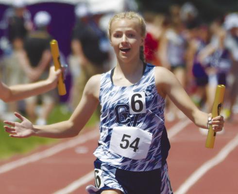 TAYLOR MCINTYRE celebrates after anchoring Central Valley’s champion 4x100-meter relay team on Saturday at the NSAA Class D State Track and Field Championships. Photo by Michael Happ