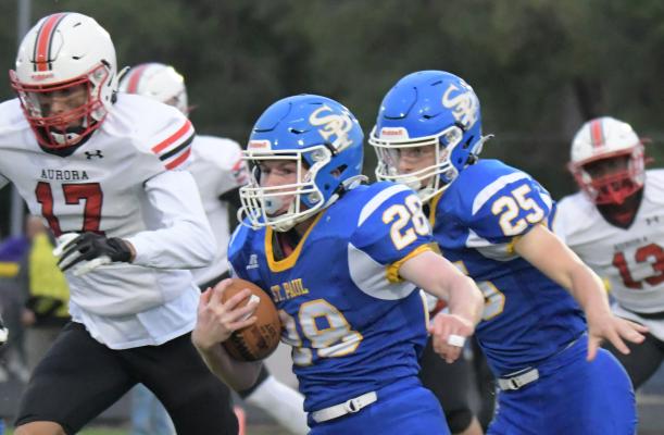 ST. PAUL senior Kaleb Baker returned the opening kickoff Thursday night when the Wildcats hosted Aurora. Baker was one of only two members of St. Paul’s team to finish the game with positive rushing yards. (Michael Happ)