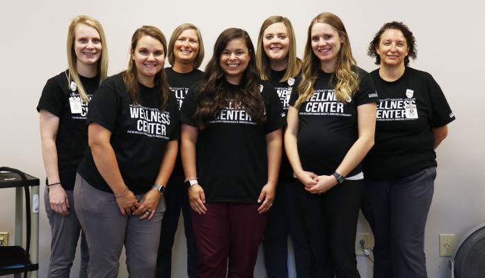 MEMBERS of the Howard County Medical Center’s therapy department are, left to right, OT Laura Pedersen, PTA Kristin Trenhaile, Office Administrator Tabitha Donscheski, PT Audie Bombeck, ST Kassandra Knapp, PT Adrianne Lewandowski, and PTA Kathryn Sanchez. Not pictured are OT Shelby O’Connor, COTA Kiley Ruhl, and PTA Shelby Kasselder. (Michael Rother)