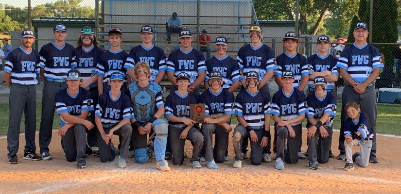 THE PALMER-WOLBACH-GREELEY Juniors American Legion Baseball team punched their tickets to the Nebraska Class C State Juniors Baseball Tournament last week with a victory over Wood River in the finals of the Area C-5 Tournament played at Silver Creek. Members of this year’s district championship team include front row, left, Jackson Ziebarth, Canon Holley, Gatlin Reimers, Boston Wood, Grady Kelly, Zaden Wolf, Dierks Nekoliczak, Grant Kelly, and Kane Wood; back row, Kevin Wood, Connor Wood, Dylan Beaty, Taylo