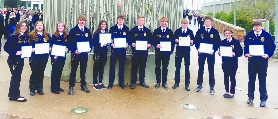 TWELVE MEMBERS of the St. Paul High School FFA Chapter received the Nebraska State FFA Degree during the Nebraska State FFA Convention, which ran from April 2nd through April 4th in Lincoln. Recipients included Audrey Anderson, Addison Brown, Katelynn Albers, Jordon Wilson, Ava Vech, Gage Sack, Cole Brus, Cody Kuszak, Drew Feeken, Jack Thede, Norah Paulsen, Kaleb Kaslon. Courtesy Photos
