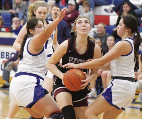 CENTURA freshman Ella Rasmussen drives the lane on her way to the hoop on Friday night. Rasmussen shot one-hundred percent from the floor in Centura’s 58-13 victory over Gibbon. (Michael Happ)