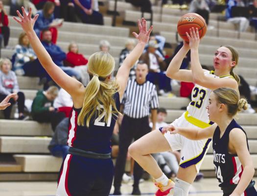 ST. PAUL’S CHARLEE WEGNER drives the lane for a pair of points during last week’s game against Adams Central. The Patriots topped the Wildcats 31-22. Photo by Michael Happ
