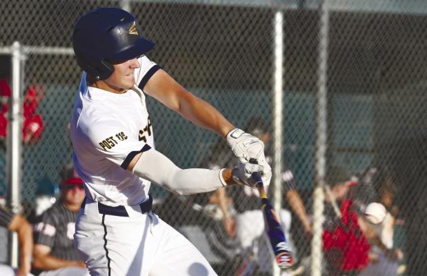 JAYDN THOMSEN tallied a hit in the Post 119 Seniors’ game against Ord last Wednesday night at Grover Cleveland Alexander Field in St. Paul. Ord topped St. Paul 8-6. Photo by Michael Happ