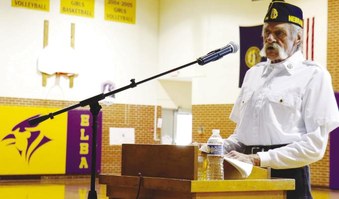 MIKE MCCARTHY was the guest speaker for Monday afternoon’s Veterans Day program at Elba Public Schools. McCarthy, a veteran of the United States Army, is a member of Carl Mogensen American Legion Post 119. Photo by Michael Rother