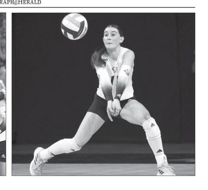 BENTLEIGH DUGAN receives a serve in the Cougars’ first round match with Shelton at Pinnacle Bank Arena. Dugan led Central Valley with twenty-three kills in their five-set loss to the Bulldogs.