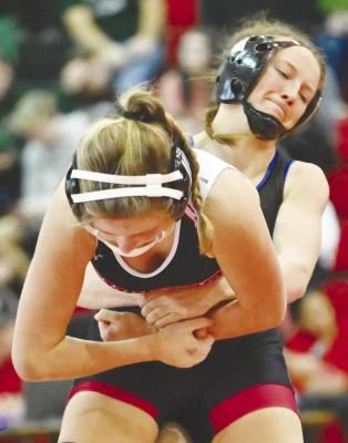 KATELYN OAKLEY battled Ord’s Chloe Kokes into the second period during Saturday’s conference tournament at Ord High School. Photo by Michael Happ