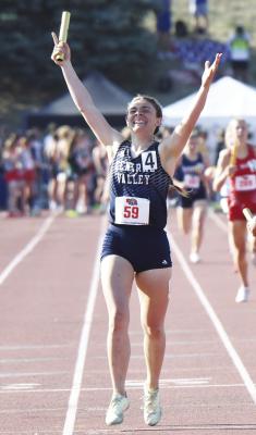 CENTRAL VALLEY’S Alexis Johnson celebrates after the Cougars’ 4x400-meter relay team earned a state title to cap off the 2023 NSAA State Track and Field Championships. Other members of the championship team were Katlyn Oakley, Piper Shepard, and Taya Engel. (Jordan Coslor)