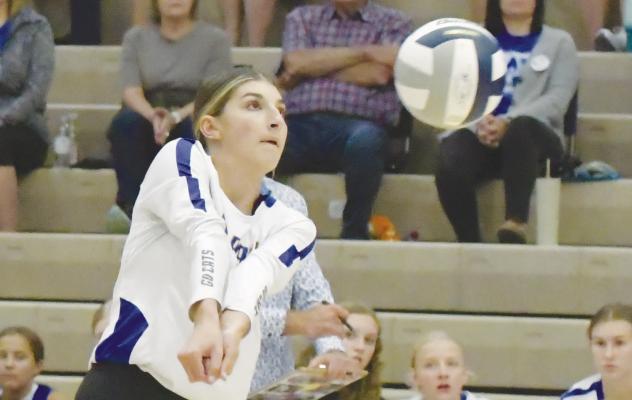 AUBREE FITZGERALD digs up a pass from Adams Central during the first set of the Wildcats’ match with the Patriots last Tuesday night. St. Paul picked up the 3-2 victory opposite the Adams County netters. Photo by Michael Happ