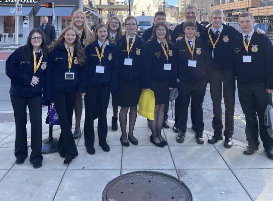 ST. PAUL FFA MEMBERS recently traveled to the National FFA Convention in Indianapolis, Indiana. Those attending included front row, left, Natalia Matlock, Kamden Sack, Carly Stepanek, Sidney Gawrych, Gracie Ackles, Beau Paro, Sam Wells, and Cole Brus; back row, left, Kailee Shreve, Abby Hirschman, Brendan Powell, and Zach Hirschman. (Courtesy Photos)