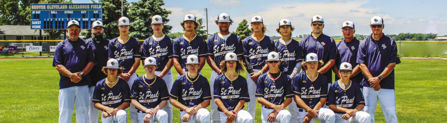 St. Paul Juniors: Members of the St. Paul Junior American Legion baseball team include (back row): Coach Steve Weller, Coach Scott Heater, Braxton Heater, Parker Lentz, Bryson Thomsen, Levi Bader, Jayden Thomsen, Alex Meinecke, Coach Jason Meinecke, Coach Mike Baker, and Coach Branden Lemburg; (front row): Mason Majerus, Drew Feeken, Carter Hawley, Zandyn Weller, Christian Lemburg, Aiden Ritter, and Layne Baker.