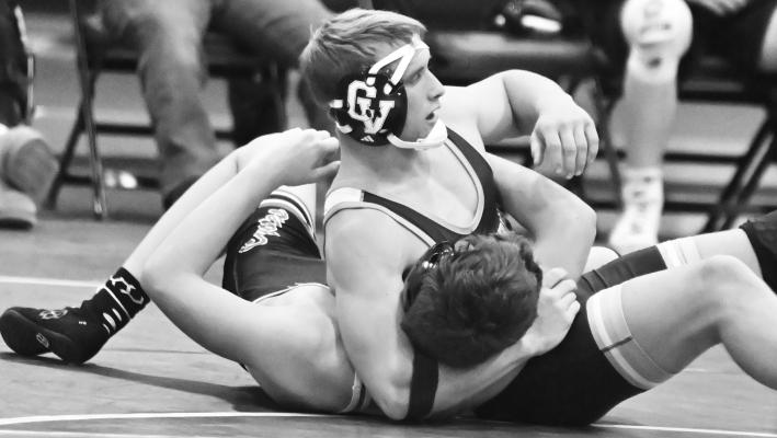 CENTRAL VALLEY’S William Pokorny pinned Jackson Christen of Anselmo-Merna in the final match of the Cougars’ dual with the Coyotes last Friday night in Greeley. Central Valley beat Anselmo-Merna 68-6 and, earlier in the night, topped West Holt 59-23.