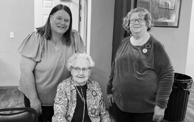THE AMERICAN LEGION AUXILIARY UNIT 119 held a membership party on November 16, 2025 to honor Vange Obermiller, a sixty-year member, and Shirley Brown of Fairbury, a fifty-year member. Pictured during the event are American Legion Auxiliary State Vice President Vicki Cyboron, Obermiller, and Unit 119 President Char Schmid. Courtesy Photo