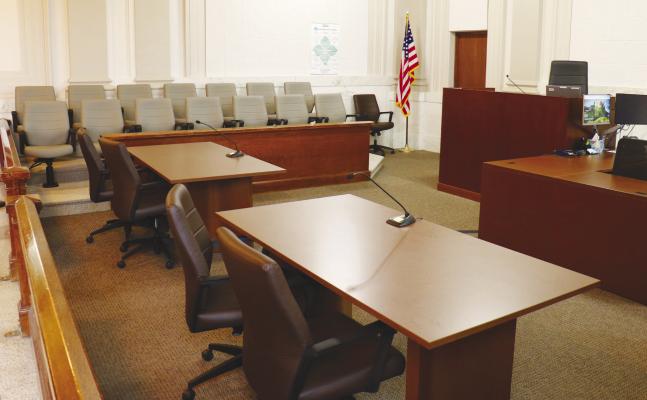 RENOVATIONS were recently completed in the courtroom of the Howard County Courthouse. Pictured are the courtroom’s new council tables and chairs, jury box, judge’s bench, and bailiff’s workstation. The $40,000 renovation also aims to make the courtroom ready to receive telecourt capability this spring. Photo by Michael Rother