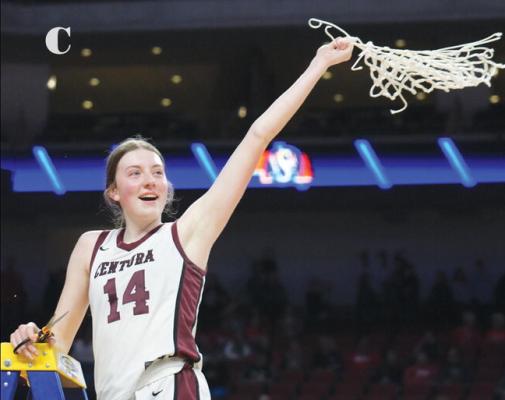 CENTURA senior Sydney Davis celebrates Saturday morning's Class D-1 state championship after helping cut down the nets at the Pinnacle Bank Arena in Lincoln. Davis had twenty points in the game. (Michael Happ)