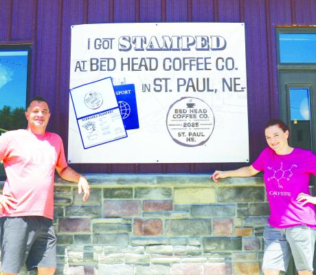 DONNIE AND MEG YUTESLER of Bed Head Coffee Co. in St. Paul have welcomed visitors from across the state and nation while participating in the Nebraska Passport Program this summer. The Yuteslers estimate that around ninety percent of visitors have purchased something in their St. Paul shop. Photos by Michael Rother