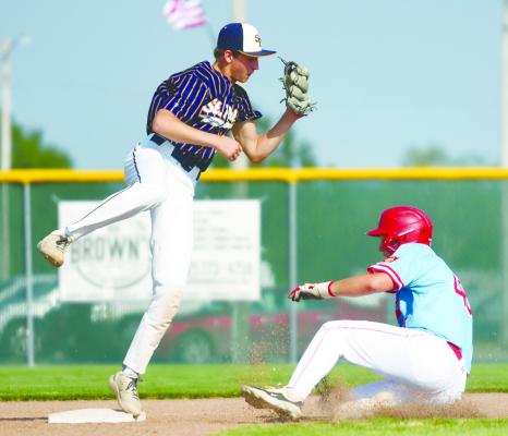 ST. PAUL’S LAYNE BAKER picks up the force out at second base last Tuesday afternoon during the St. Paul Post 119 Seniors’ final game of the Class C American Legion Baseball Tournament in Sutton. Photos by Jordan Coslor
