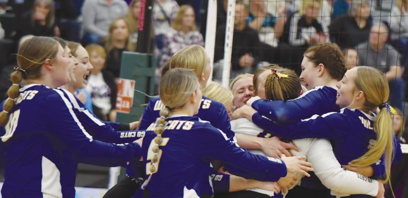 MEMBERS of the St. Paul High School volleyball team celebrate following last week’s four-set victory over Wood River. Last Thursday’s win secured the Wildcats their eighth consecutive LouPlatte Conference title. Photos by Michael Happ