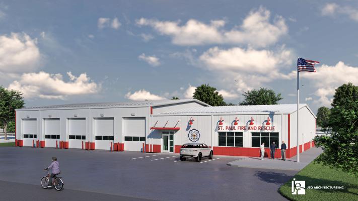 THE CITY OF ST. PAUL’S proposed new fire station would be roughly 10,000 square feet (75’x134’), as opposed to the current station’s 4,500 (60’x96’); and would be comprised of five bays, as opposed to the current station’s three. (JEO Consulting)