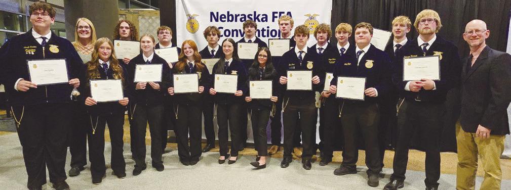 ST. PAUL HIGH SCHOOL STUDENTS who earned their Nebraska State FFA Degrees at the 98th Annual Nebraska State FFA Convention included (back row): Advisor Tara Sjuts, Zandyn Weller, Gordon Coxbill, Alex Meinecke, Bradyn Hazen, Landyn Rubesh, Drew Becker, and Matthew Kramer; (front row): Josef Kaslon, Kamden Sack, Carly Stepanek, Covyn Larsen, Isabelle Vieth, Natalia Matlock, Beau Paro, Layne Baker, Grady Ryan, Emersen Hancock, and Advisor Boyd Bowder. Courtesy Photos