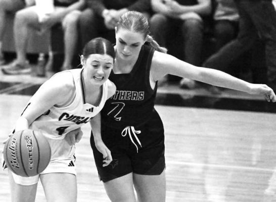 CENTRAL VALLEY’S ANNAKA WOOD drives past Newman Grove/St. Edward’s Brylee Patzel during last week’s game between the Cougars and the Panthers. Photos by Michael Happ