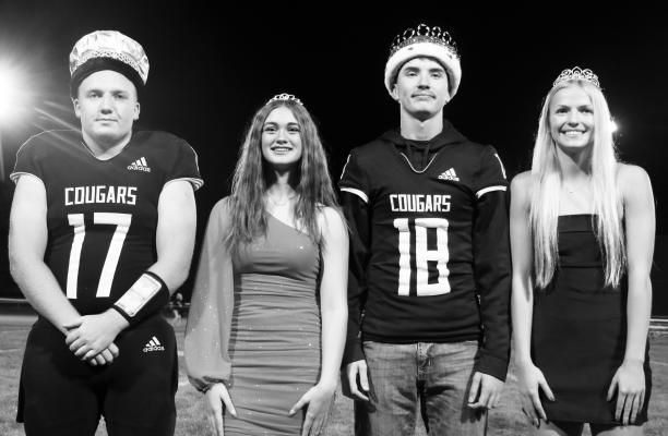 CENTRAL VALLEY HIGH SCHOOL crowned its 2025 homecoming king and queen following the Cougars’ 62-8 victory over Anselmo-Merna on Friday night at Memorial Field in Wolbach. This year’s homecoming court included Prince Tyler Luscomb, Princess Emalee Leth, King Caleb Studley, and Queen Taylor McIntyre. Photo by Michael Rother