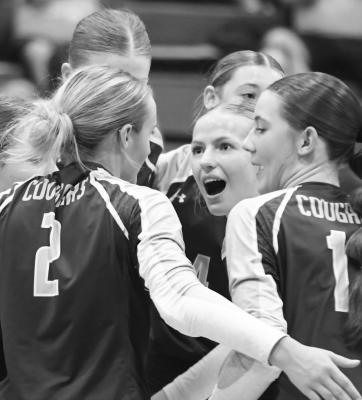 CENTRAL VALLEY’S volleyball team celebrates a point during the first set of Saturday afternoon’s Goldenrod Conference final against Nebraska Christian. Photos by Michael Happ