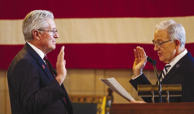STATE SENATOR FRED MEYER (left) is sworn in by Secretary of State Bob Evnen (right) during an announcement on Wednesday, January 14, 2026, in the Governor’s Hearing Room at the Nebraska State Capitol in Lincoln. Arthur Trickett-Wile | Lincoln Journal Star