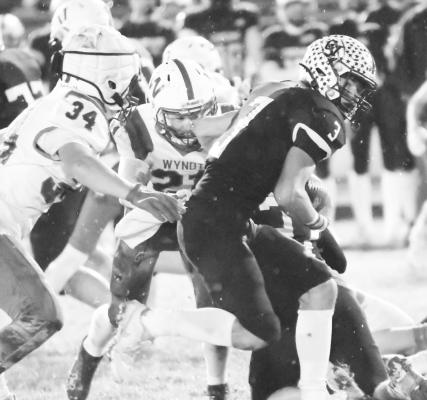 CENTRAL VALLEY’S ZADEN WOLF finds a hole in Wynot’s defense during last Friday night’s game between the Cougars and the Blue Devils. Photo by Michael Happ