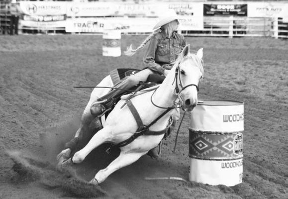 RYLEE NALL-SILLIVAN ran the barrels in 15.9 seconds on Sunday afternoon at the Webster County Fairgrounds in Bladen as a part of the Mid-States Rodeo Association’s season finals. The event was held in Bladen on Sunday after severe weather and poor arena conditions cancelled both the rodeo’s Friday and Saturday performances in Hastings. Photo by Steve Moseley