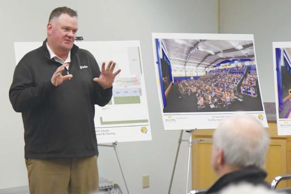 TOBIN BUCHANAN, the district’s municipal advisor with Northland Securities, walked the public through the financing for the school’s proposed facility improvement project. Photo by Michael Happ