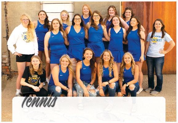 Members of the St. Paul High School tennis team include (back row): Gracyn Rubesh, Alyssa Ritter, Kailee Shreve, Addison Ruzicka, and Lauren Sladek; (middle row): Manager Mackenzie Shreve, Addison Brown, Madison Harrahill, Abigail Hirschman, Katelynn Albers, Audra Dugan, and Coach Kayla Svoboda; (front row): Manager Vanessa Ritter, Ava Hewitt, Paytyn Larsen, Ahna Jerabek, and Kaylee Allen.