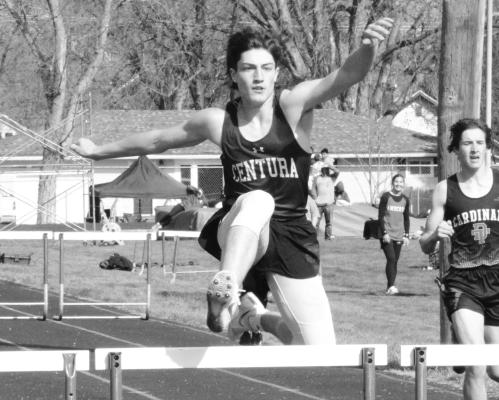CENTURA’S CADEN RUHL placed second in the boys’ 300-meter hurdles at last week’s Ravenna Invite. Ruhl tackled the timbers in 46.21. Photos by Monte Steele