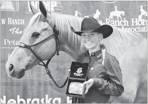 ALLI DUGAN and her horse, Lena’s Diamond Doc, participated in the Nebraska State Fair on Saturday August 26th, in the Challenge of the Breeds Show. Dugan received Champion Youth 14-18. On Sunday and Monday, August 27th and 28th, the Nebraska Ranch Horse Association held its show, where Dugan received Top Ranch Hand Challenge—All Breed Youth Champion, Champion High Score Ranch Reining, and Champion All Breed Youth Show Horse. Courtesy Photo